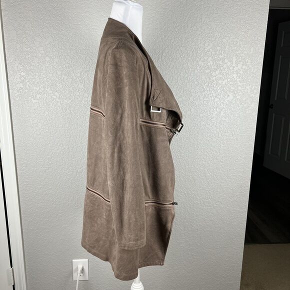 Size M Brown Asymmetric Zipper Ultra Suede Tiered Draped Hip Length Jacket - Picture 6 of 8